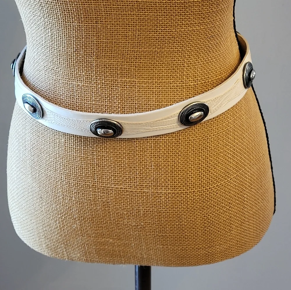 Bijoux Medici Ivory Leather Reptile Accent Sterling Silver Medallions Large Belt